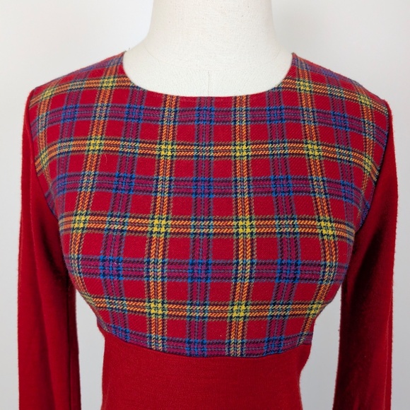 Plaid Mini Dress Long Sleeve Short Long Sleeve Holiday Plaid Empire Waist Fit - Picture 4 of 11